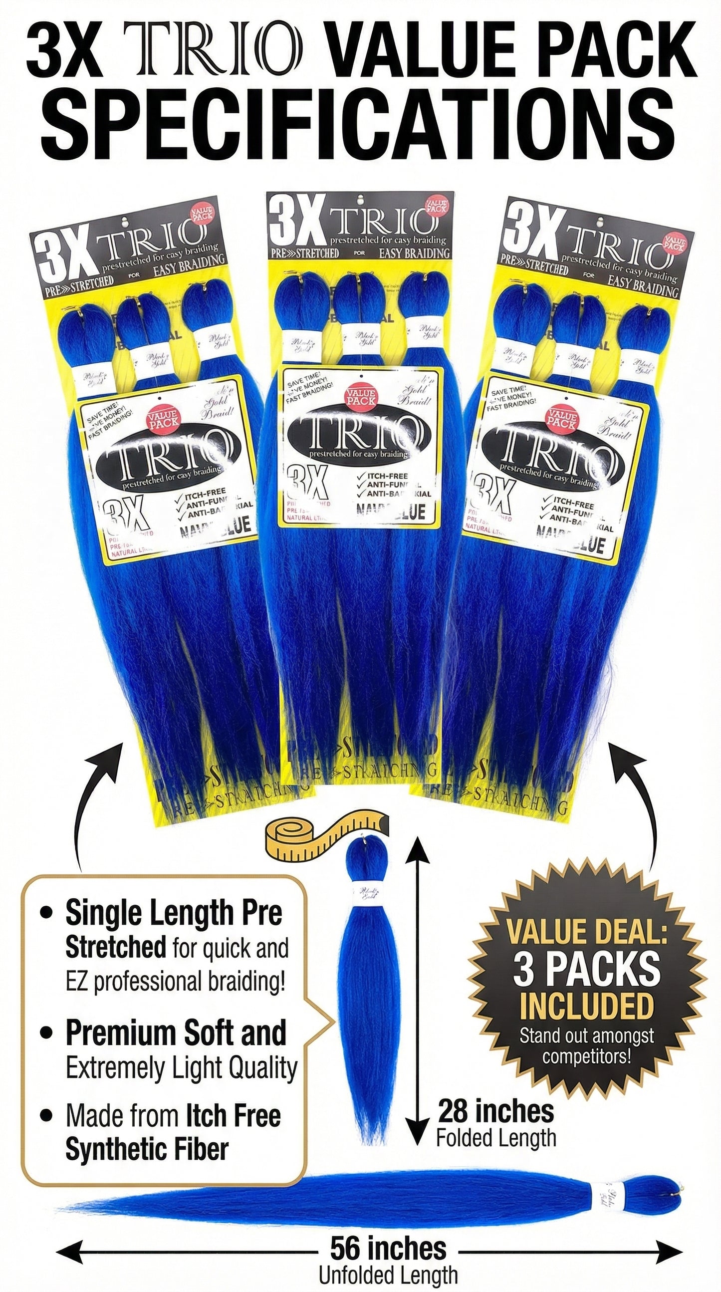 3X BNG Braid Braiding Hair 56" for Easy Braiding - 3 pack